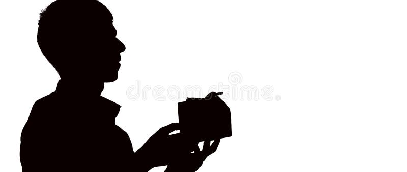 O perfil da silhueta de um homem dá uma caixa de presente com curva para seu amado, o indivíduo felicita no fundo isolado branco, imagem de stock royalty free O perfil da silhueta de um homem dá uma caixa de presente com curva para seu amado, o indivíduo felicita no fundo isolado branco, imagem de stock royalty free
