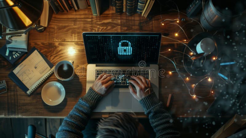 O persoană care tastează pe un laptop cu o imagine digitală a unui lacăt albastru pe ecran simbolizând securitatea cibernetică cu stock photo