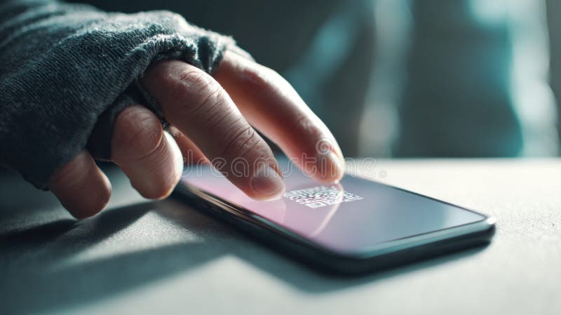 O persoană cu o mănușă fără degete folosind un smartphone pentru a scana un cod qr. royalty free stock photography