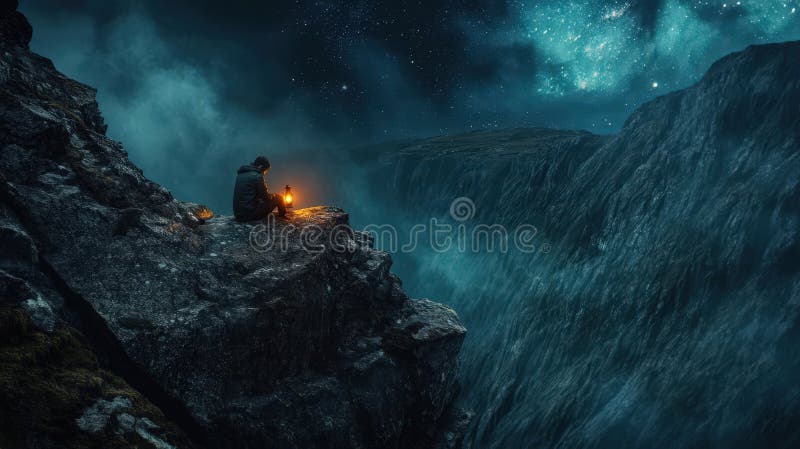 O persoană singură stă lângă un foc pe o stâncă stâncoasă uitându-se la cerul nopții, plin de stele și mister înconjurat de întune stock photos