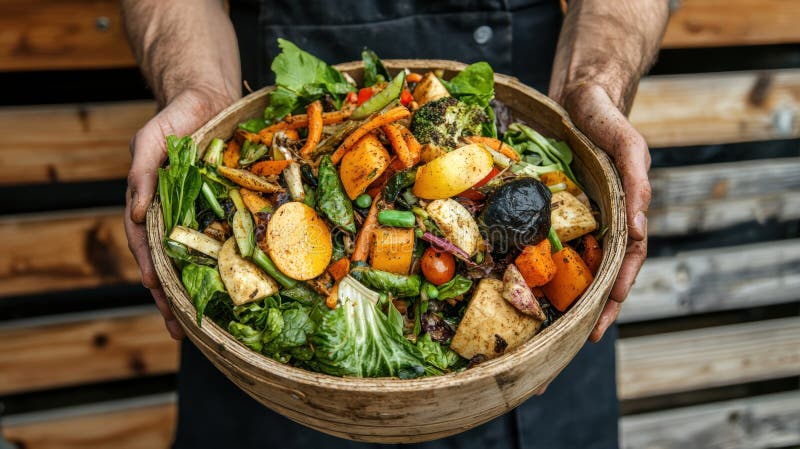 O persoană ține un castron mare de lemn umplut cu o salată colorată. stock photography
