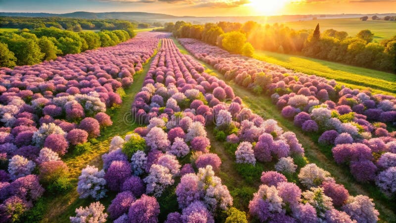 O perspectivă aeriană uimitoare a unui câmp de liliac vibrant în Tapiserie de flori complete de violet stock illustration