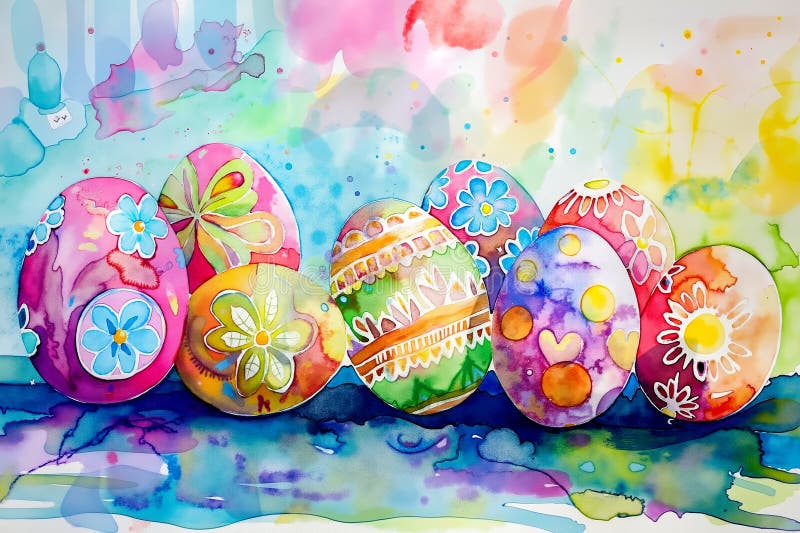 O pictură acustică a unui grup de ouă colorate de Paște pe masă stock photography