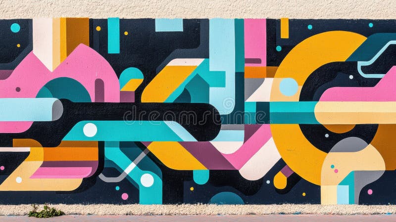O pictură murală abstractă vibrantă pe un perete cu forme geometrice îndrăznețe într-o răscoală de culori. royalty free stock photography