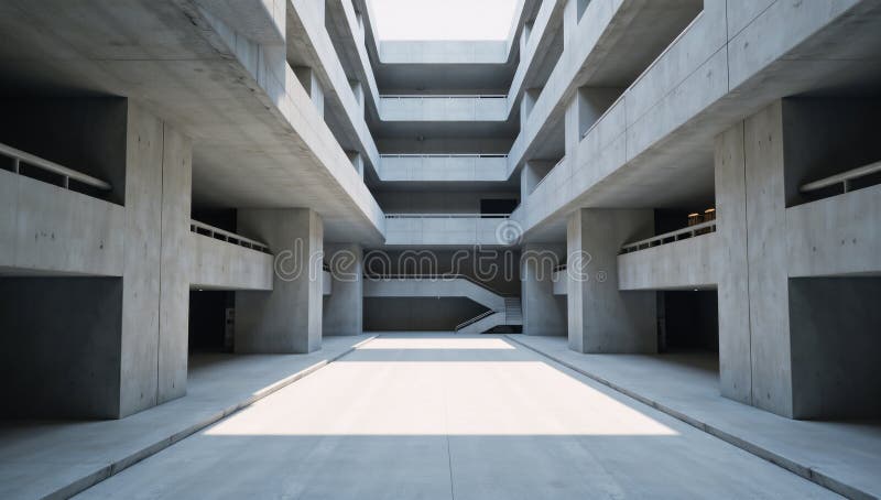 O piesă 3d elegantă, modernă, care prezintă o expansiune goală de arhitectură abstractă de beton futurist stock illustration
