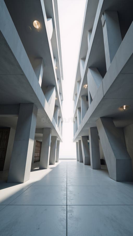 O piesă 3d elegantă, modernă, care prezintă o expansiune goală de arhitectură abstractă de beton futurist vector illustration