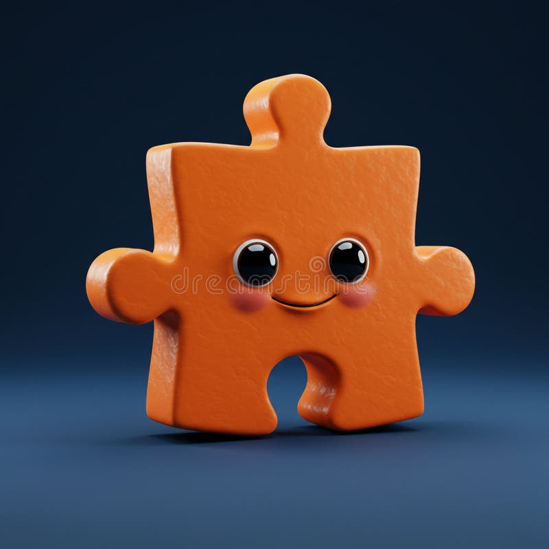 O piesă de puzzle portocalie 3Drendă cu o față zâmbitoare și ochi negri strălucitori. Proiectarea royalty free illustration