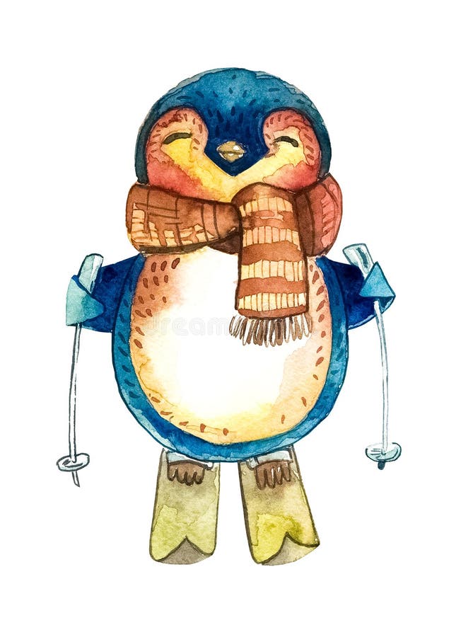 O pinguim dos desenhos animados está esquiando em um lenço marrom Fundo branco ilustração do vetor O pinguim dos desenhos animados está esquiando em um lenço marrom Fundo branco ilustração do vetor