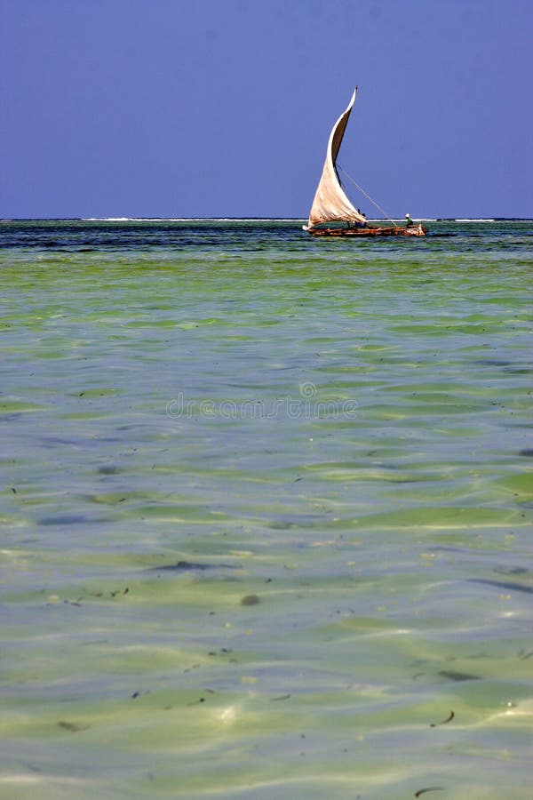 Costline boat pirague in the blue lagoon relax of zanzibar africa. Costline boat pirague in the blue lagoon relax of zanzibar africa