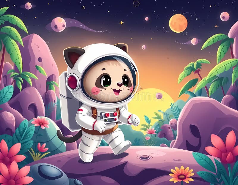 O pisică de desene animate astronaut care explorează o junglă extraterestră colorată pe o altă planetă distractivă și imaginativă royalty free stock image
