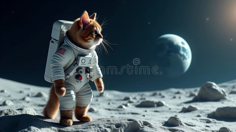 O pisică pufoasă într-un costum de astronaut alb stă pe suprafața Lunii și se uită în spațiu. Pământul este vizibil în fundal royalty free illustration