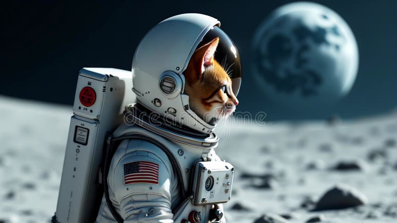 O pisică pufoasă într-un costum de astronaut alb stă pe suprafața Lunii și se uită în spațiu. Pământul este vizibil în fundal royalty free illustration