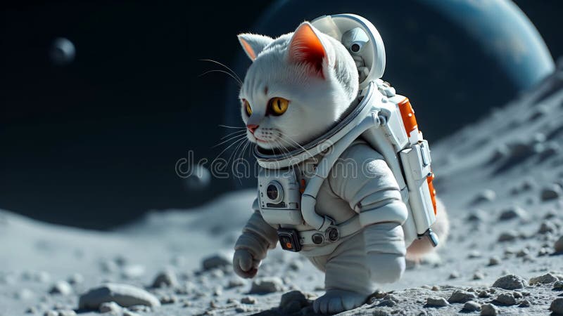 O pisică purtând un costum de astronaut detaliat explorează suprafața Lunii. Reflexia felinelor este vizibilă în căști vector illustration