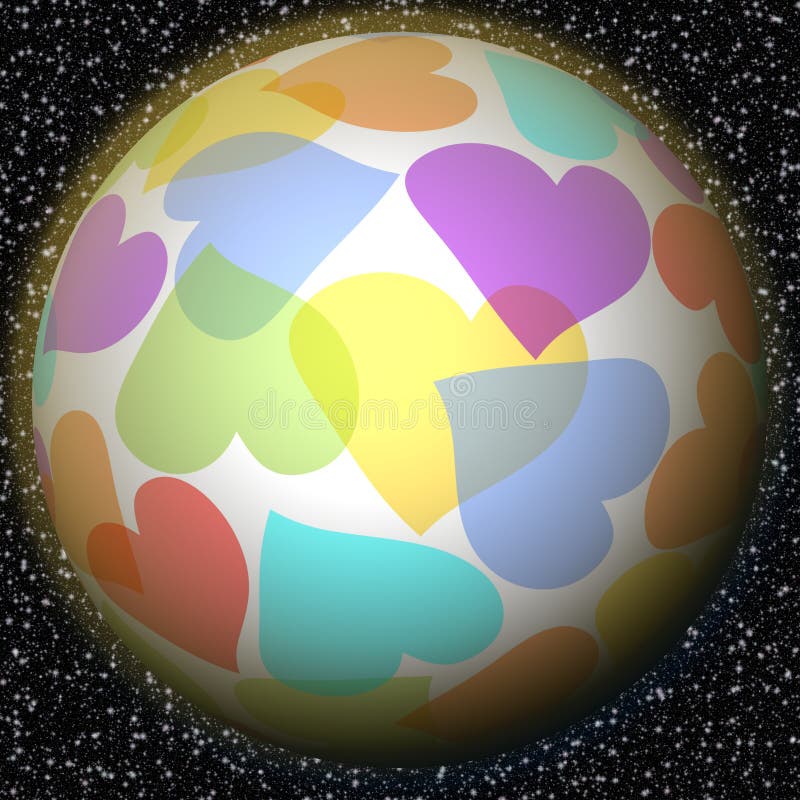 O planeta romântico da fantasia com motivo do coração do arco-íris no fundo com galáxia stars Símbolo da paz, amor, felicidade, s ilustração do vetor O planeta romântico da fantasia com motivo do coração do arco-íris no fundo com galáxia stars Símbolo da paz, amor, felicidade, s ilustração do vetor