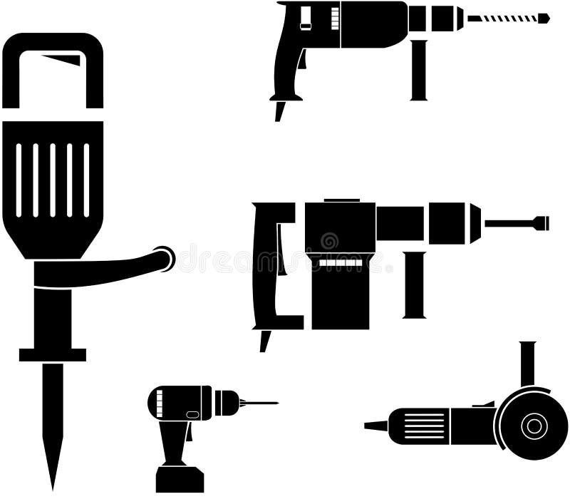 O poder da imagem do vetor utiliza ferramentas o martelo giratório, o jackhammer, o moedor de ângulo e a broca sem corda ilustração stock O poder da imagem do vetor utiliza ferramentas o martelo giratório, o jackhammer, o moedor de ângulo e a broca sem corda ilustração stock
