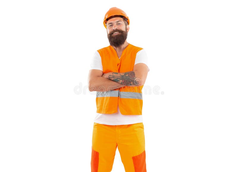 O poză cu un supraveghetor fericit purtând cască. supraveghetor izolat pe alb stock photography