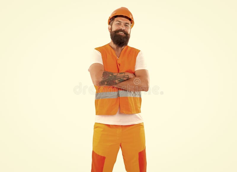 O poză cu un supraveghetor fericit purtând cască. supraveghetor izolat pe alb stock photos