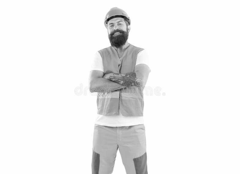 O poză cu un supraveghetor fericit purtând cască. supraveghetor izolat pe alb royalty free stock image