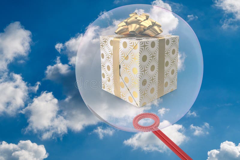 O presente é incluído em uma bolha de sabão - 3D-Illustration fotos de stock O presente é incluído em uma bolha de sabão - 3D-Illustration fotos de stock