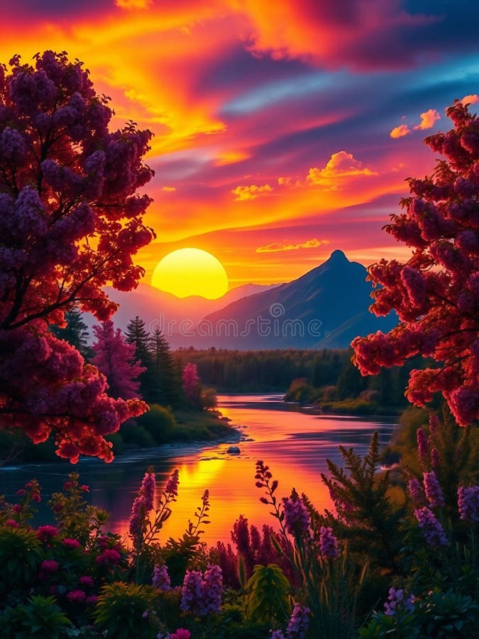 O priveliște încântătoare a unui râu care reflectă apusul auriu cu flori colorate și siluete de munte. royalty free stock photo