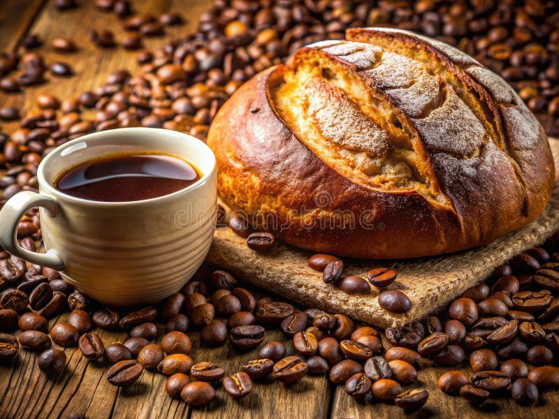 O pâine artizană și o cafea rafinată arată o scenă de brutărie pentru o dimineață perfectă stock illustration