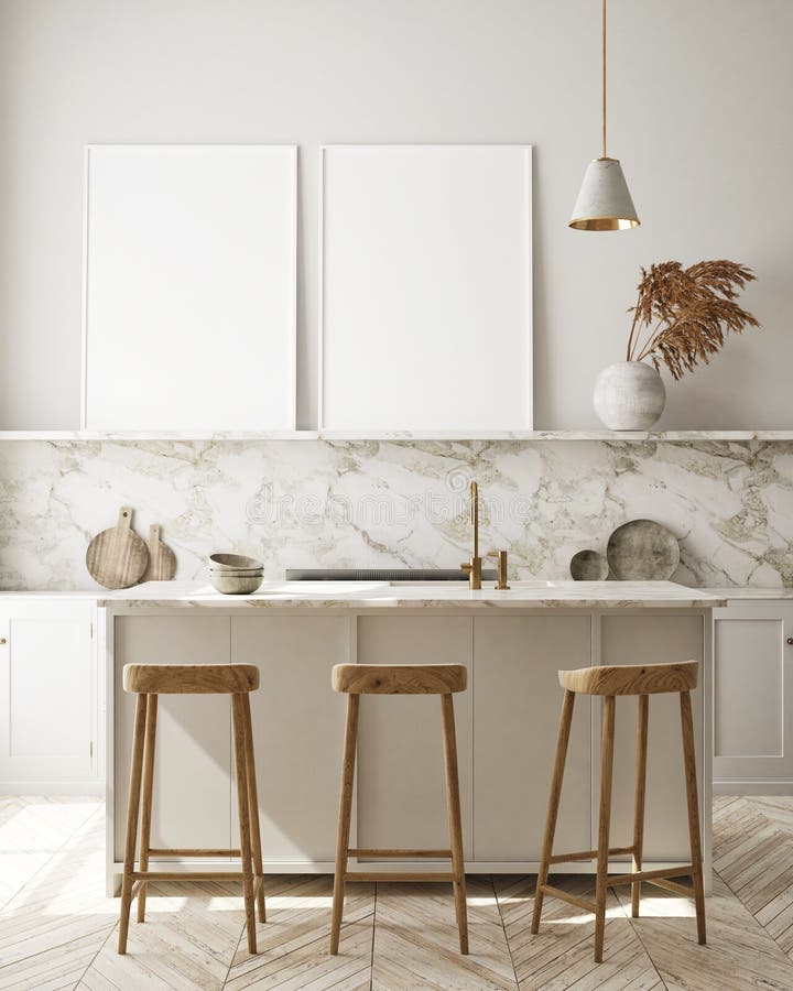 O quadro ascendente trocista do cartaz no fundo interior moderno, cozinha, estilo escandinavo, 3D rende