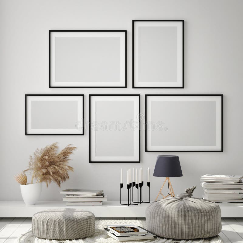 Mock up poster frame in modern interior background, living room, Scandinavian style, 3D render, 3D illustration. Mock up poster frame in modern interior background, living room, Scandinavian style, 3D render, 3D illustration