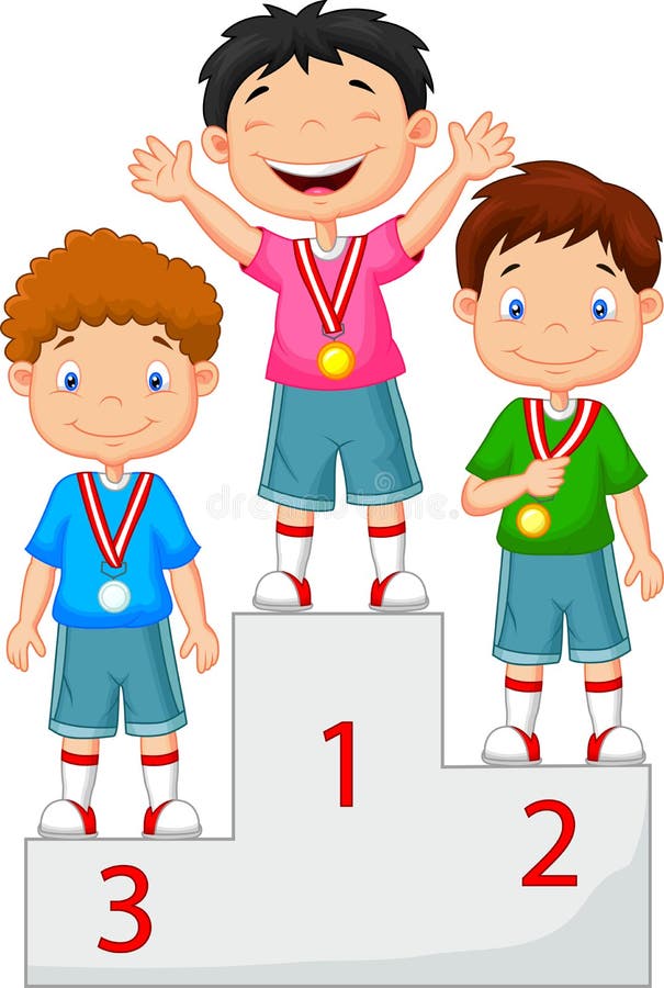 Illustration of Little boy celebrates his golden medal on podium. Illustration of Little boy celebrates his golden medal on podium