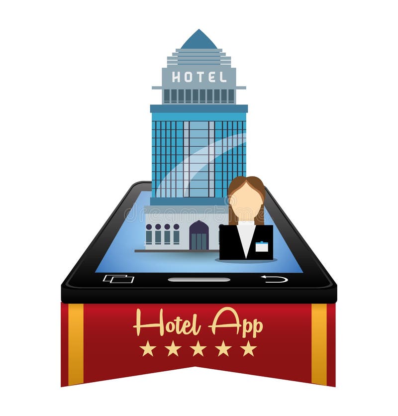 O recepcionista e o hotel de Smartphone com apps digitais projetam ilustração royalty free O recepcionista e o hotel de Smartphone com apps digitais projetam ilustração royalty free