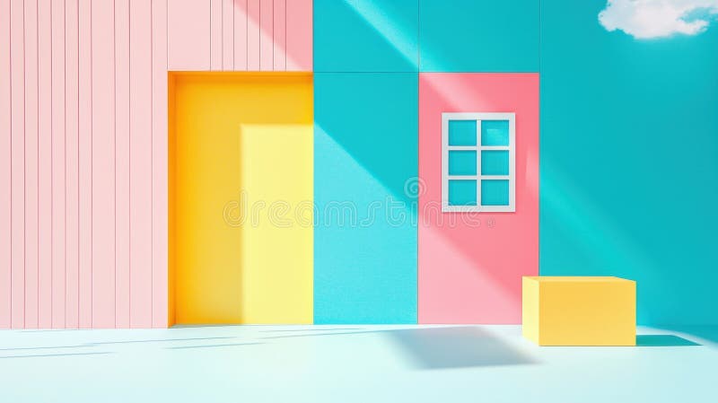 O redare 3D a unei camere colorate cu un perete roz, perete galben, perete albastru și cub galben. royalty free illustration