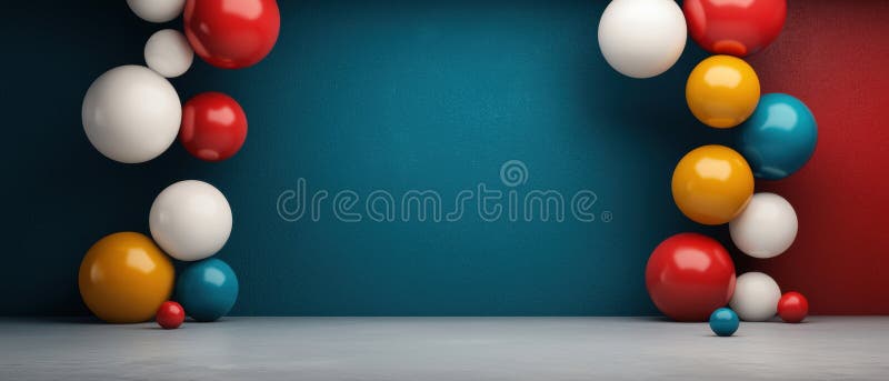 O redare 3D a unei camere cu un perete albastru și o bilă roșie și galbenă pe stânga și o bilă roșie și galbenă pe dreapta. vector illustration