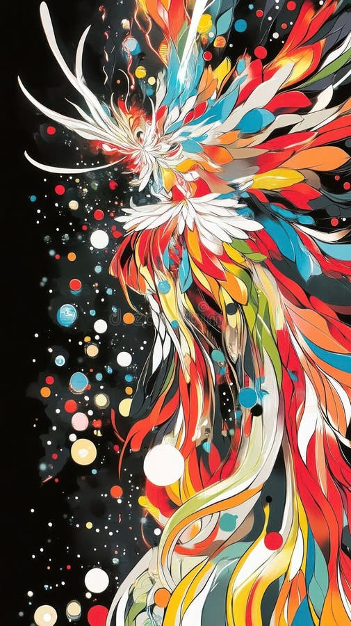 O reprezentare abstractă vibrantă a unei păsări mitice cu pene colorate pe fond întunecat stock illustration