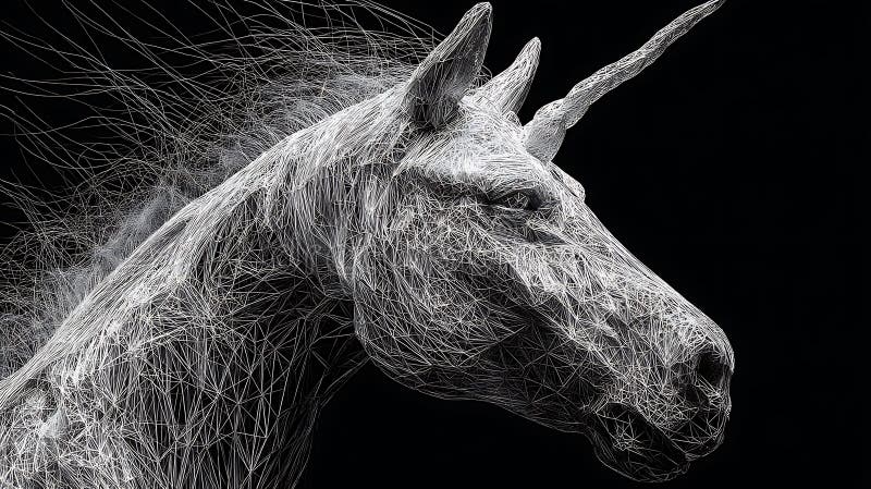 O reprezentare artistică a unui cap unicorni, făcută din structură de fire albă complexă royalty free illustration