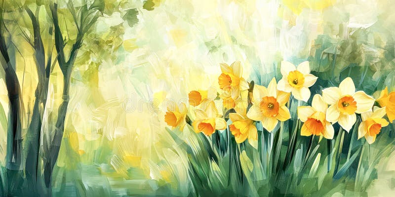 O reprezentare artistică și inteligentă a daffodalelor galbene înflorite într-o pădure verde luxuriantă, cu o atmosferă moale și s vector illustration