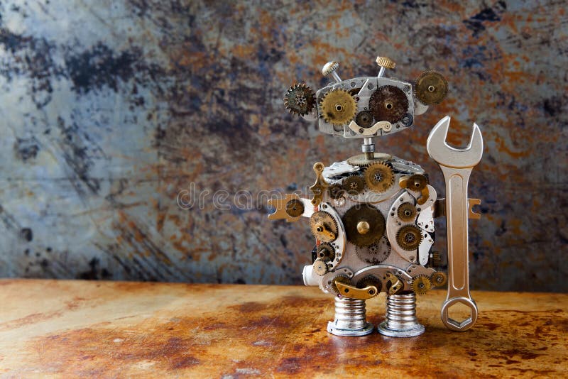 O robô retro amigável do steampunk do estilo, rodas denteadas as rodas de engrenagem que cronometram as peças brinca com chave da fotos de stock O robô retro amigável do steampunk do estilo, rodas denteadas as rodas de engrenagem que cronometram as peças brinca com chave da fotos de stock
