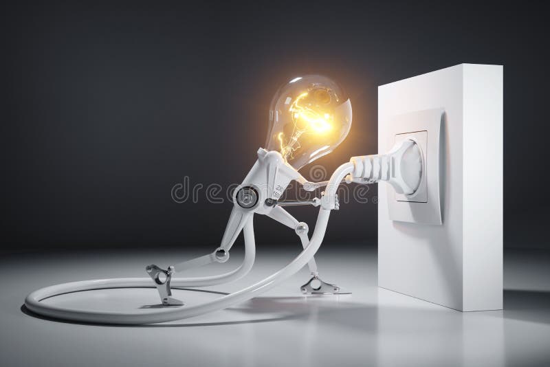 O robô da ampola dos desenhos animados une uma tomada elétrica à parede ilustração do vetor O robô da ampola dos desenhos animados une uma tomada elétrica à parede ilustração do vetor