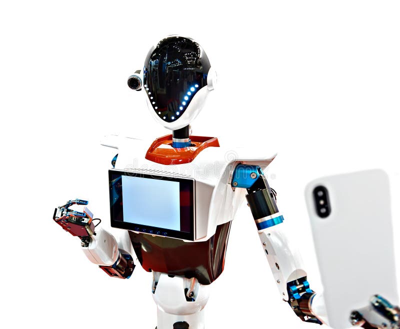 O robô de Android faz o branco isolado selfie O robô de Android faz o branco isolado selfie