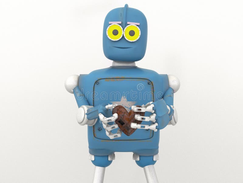 O robô que guarda o coração, coração do metal, 3d rende ilustração stock O robô que guarda o coração, coração do metal, 3d rende ilustração stock