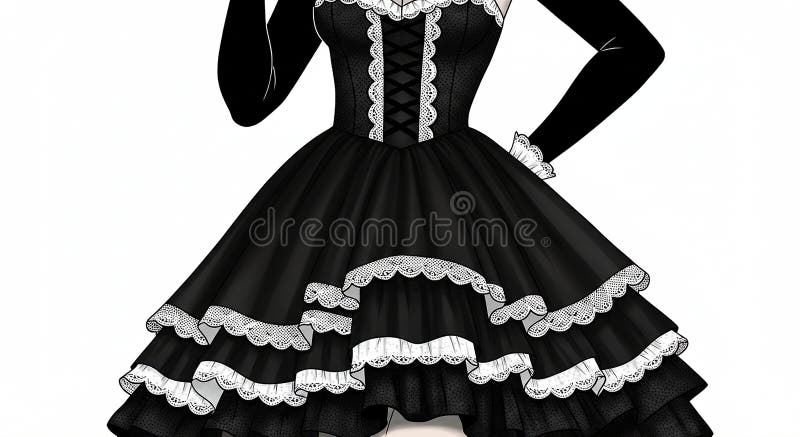 O rochie neagră cu un bodice și o fustă plină, împodobită cu dantelă albă complexă royalty free illustration