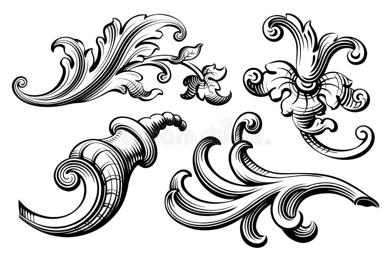 O rolo vitoriano barroco do ornamento floral do monograma da beira do quadro do vintage gravou a tatuagem retro do teste padrão c