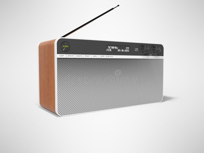 O rádio clássico com orador grande e as inserções de madeira 3d rendem a ilustração no fundo cinzento com sombra ilustração royalty free O rádio clássico com orador grande e as inserções de madeira 3d rendem a ilustração no fundo cinzento com sombra ilustração royalty free