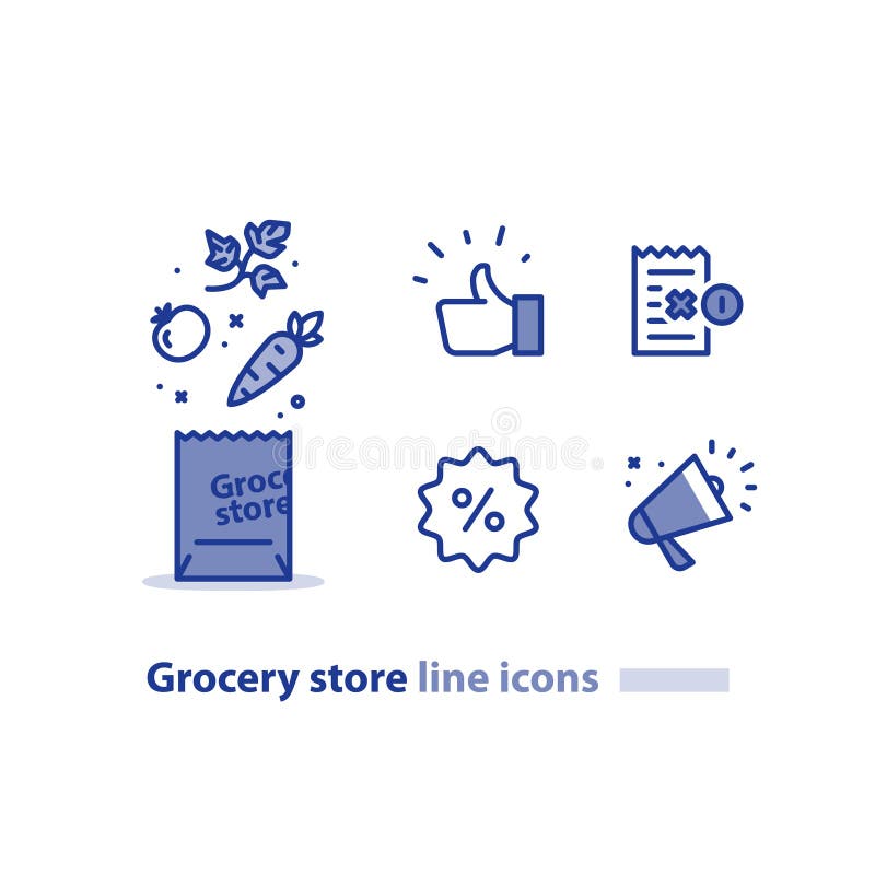 O saco de compras do alimento, pacote da mercearia, legumes frescos alinha o ícone, megafone do anúncio da venda