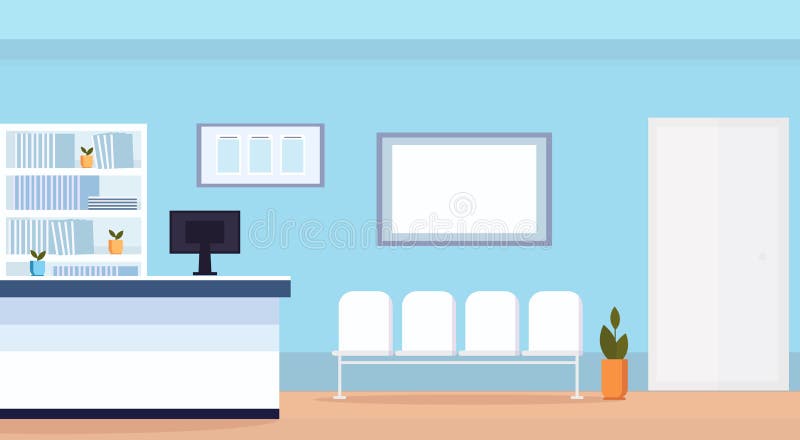 O salão de espera da recepção do hospital com assentos não esvazia nenhum plano horizontal interior da clínica médica dos povos ilustração stock O salão de espera da recepção do hospital com assentos não esvazia nenhum plano horizontal interior da clínica médica dos povos ilustração stock