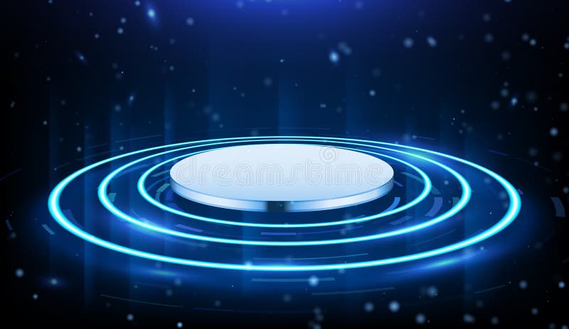O scenă cu lumină circulară albastră pe un fond negru elegant, creând o atmosferă futuristă și de înaltă tehnologie perfectă pentr stock illustration