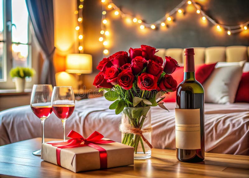 O Scenă Luxoasă de Dormitor pentru Ziua Îndrăgostiților. Răsfață-te cu Romantism cu Trandafiri de Vin Rafinați și Cadouri Atente vector illustration