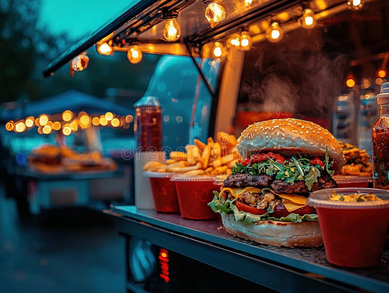 O scenă vibrantă a unei dube alimentare care servește mâncare delicioasă stradală, accentuând diversitatea culinară royalty free stock image