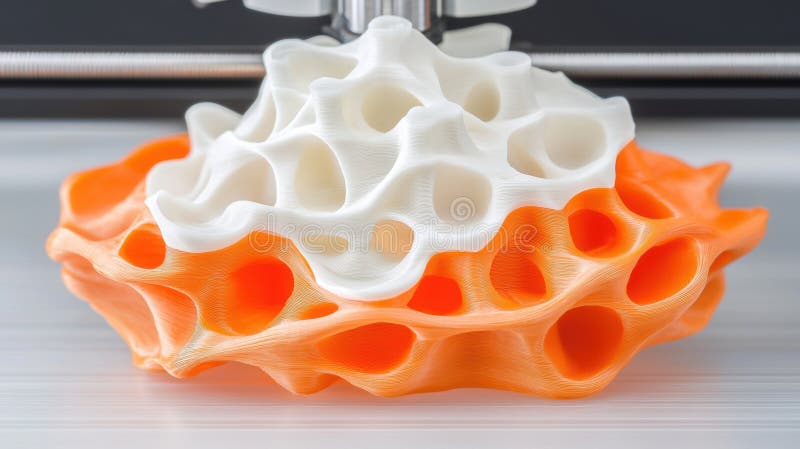 O sculptură 3D tipărită portocalie și albă cu formă organică complexă. Imaginea afișează o imprimantă 3D în funcțiune, creând o sculptură abstractă unică. Sculptura este compusă din două culori distincte : portocaliu și alb. Culoarea portocalie este utilizată pentru a forma corpul principal al sculpturii, în timp ce culoarea albă este utilizată pentru a crea tipare complexe și texturi în structura portocalie. Sculptura este în curs de tipărire cu duza imprimantelor 3D vizibilă în colțul din stânga sus al imaginii. Fundalul este o suprafață gri deschis care oferă un fundal neutru care permite culorilor vibrante ale sculpturii să iasă în evidență. AI generat
