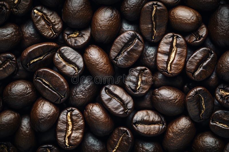 O secvență de prim-plan dezvăluie o colecție densă de boabe de cafea prăjite întunecate. stock illustration