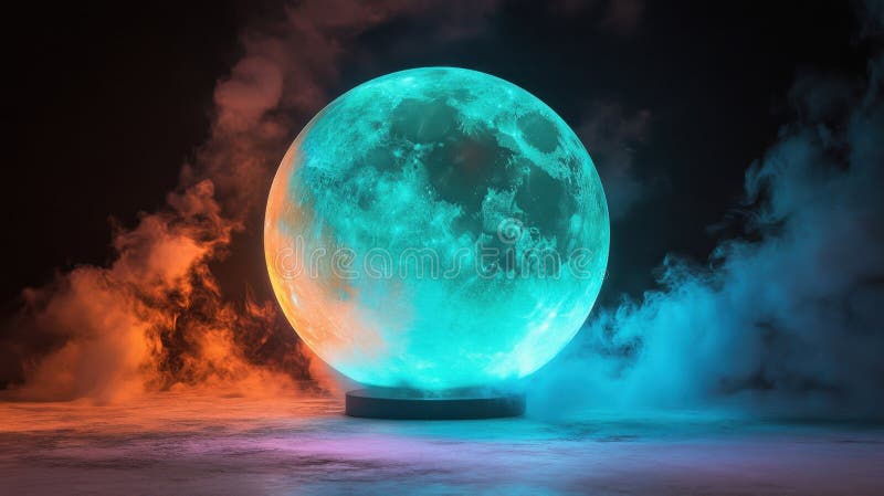 O sferă lunară strălucitoare înconjurată de ceață colorată creează o atmosferă magică pentru setări de vis și scene de noapte vector illustration
