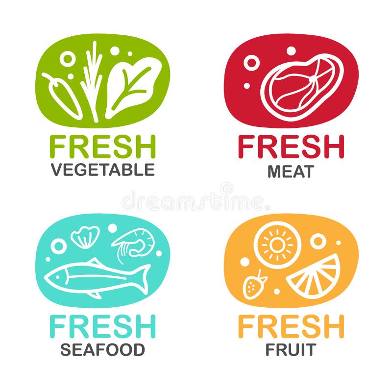 O sinal do logotipo dos alimentos frescos com vetor vegetal do marisco e do fruto da carne projeta ilustração do vetor O sinal do logotipo dos alimentos frescos com vetor vegetal do marisco e do fruto da carne projeta ilustração do vetor